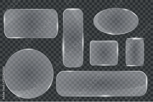Set of glass shapes and light glass box frames with neon effect, futuristic glassmorphism design for web buttons, app icons, digital interfaces, glossy borders for UI and technology design