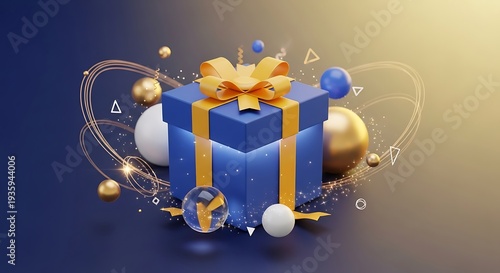 Blue Gift Box with Gold Ribbon Decoration.