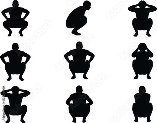Squatting man silhouettes set, male body squat poses collection fitness exercise posture vector isolated bundle