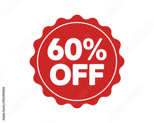 A red discount badge with 60 percent off written in white on a plain white background