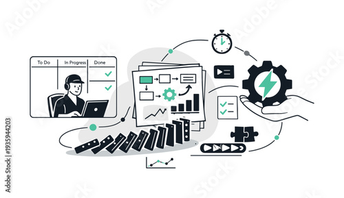 Modern minimal flat vector conceptual collage, crisp hard edges, consistent THIN outline stroke, rounded corners where needed,