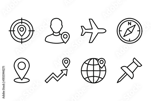 Travel and Navigation Icons: Location Pin, Airplane, Compass, Globe, and Map Markers