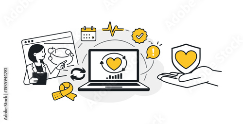 Modern minimal flat vector conceptual collage, crisp hard edges, consistent THIN outline stroke, rounded corners where needed,