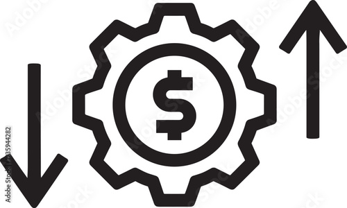 Black gear cogwheel with dollar sign and up down arrows, symbolizing financial fluctuation, money value change, economic volatility, currency rise fall, investment risk and market dynamics vector 