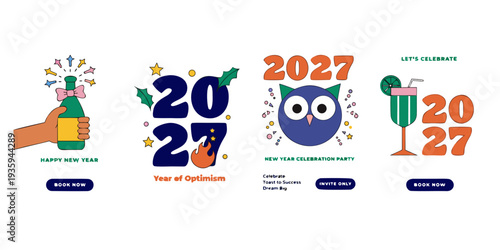 New Year 2027 Celebration Designs – Festive Posters with Champagne, Owl Mascot, Cocktails & Optimistic Themes for Party Promotions and Event Booking Campaigns