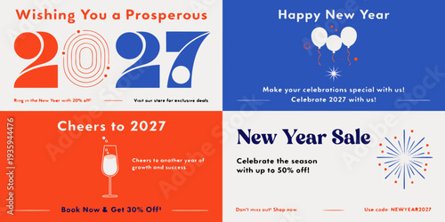 Festive New Year 2027 Celebration & Sale Design – Red, Blue & White Holiday Posters Featuring Prosperity Wishes, Party Invites, Discounts, and Seasonal Promo Graphics