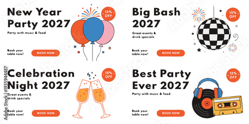 New Year Party 2027 Promo Design – Festive Event Posters with Music, Dance, Big Bash, Celebration Night & 50% Discount Offers for Party Advertising and Social Media Marketing