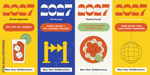 New Year 2027 Event Posters – Drink Specials, VIP Access, Festive Food & Live Entertainment Illustrations, Bold Celebration Promo Designs