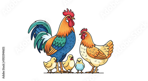 Colorful illustration depicts a rooster hen and three chicks