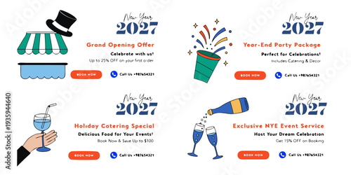 New Year 2027 Catering & Event Service Posters – Grand Opening, Party Packages, Holiday Catering & NYE Celebration Illustrations