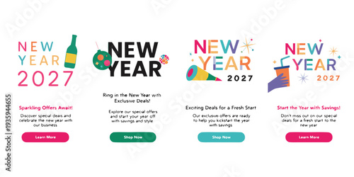 New Year 2027 Celebration Posters – Fresh Start, Food, Ice Cream, Leaf & Hot‑Air Balloon Illustrations, Modern Holiday Promo Designs