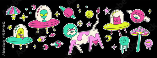 Trippy space stickers pack. Galactic elements, planets, rocket, UFO, cow astronaut, mushrooms and satellite. Shapes of the future of the universe, trendy retro doodle groovy stickers 90s. vector