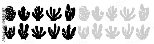 Collection of stylized black and white coral silhouettes