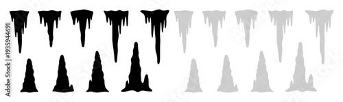 Array of stylized icicles and stalagmites in black and white