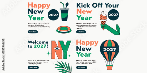 New Year 2027 Motivation Posters – Fresh Start, Celebration, Food, Ice Cream & Hot‑Air Balloon Illustrations, Modern Holiday Promo Designs