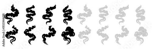 Various stylized smoke or vapor puffs in black and grey