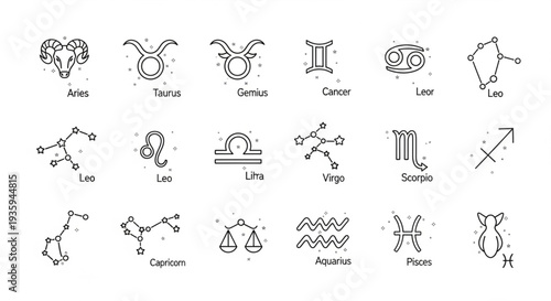 Collection of Zodiac Constellation Symbols and Icons.
