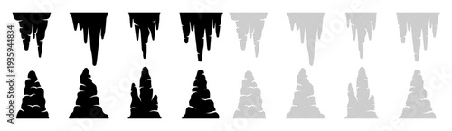 Collection of black and gray cave formations and icicles silhouettes