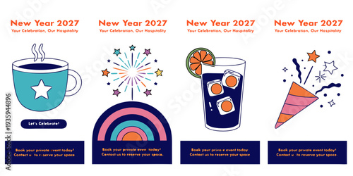 New Year 2027 Celebration Banners – Festive Drink, Fireworks, Party Popper Illustrations, Colorful Holiday Promo Designs