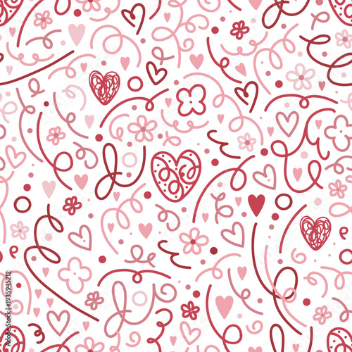 Cute seamless pattern of hearts and swirls in doodle style. Sweet outline elements for Valentine's Day. Romantic wallpaper for wrapping paper, textiles and print design.