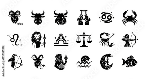 Collection of Zodiac Constellation Symbols and Icons.