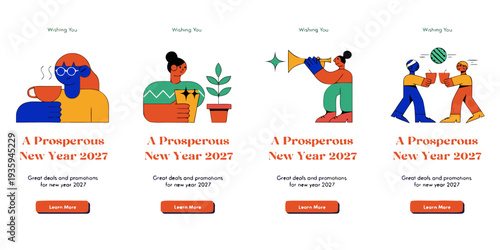 New Year 2027 Prosperity Cards | Modern Festive Greetings, Promotional Holiday Panels & Colorful Celebration Illustrations