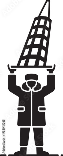 Man in winter coat lifting leaning skyscraper building silhouette on transparent background