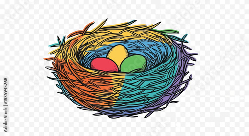 Colorful bird s nest with three eggs a vibrant illustrative design