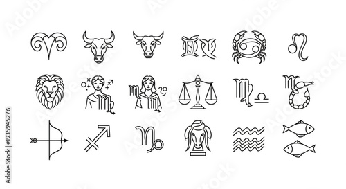 Collection of Zodiac Constellation Symbols and Icons.