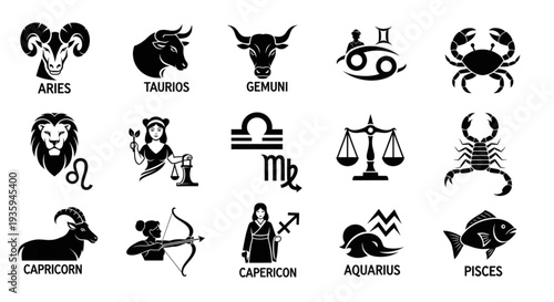 Collection of Zodiac Constellation Symbols and Icons.
