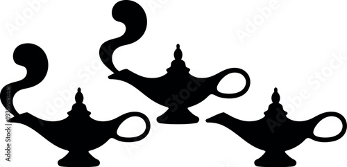 Three black silhouettes of genie lamps on a white background with one emitting smoke