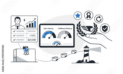 Modern minimal flat vector conceptual collage, crisp hard edges, consistent THIN outline stroke, rounded corners where needed,