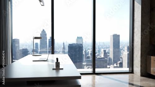 Empty Modern Office City Skyline View Desk Laptop