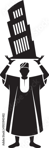 African man carrying a leaning skyscraper on his head representing burden of development