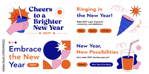 New Year 2027 Celebration Designs – Festive Party Graphics, Modern Posters, Creative Holiday Templates & Vibrant New Year Marketing Visuals for Events and Promotions