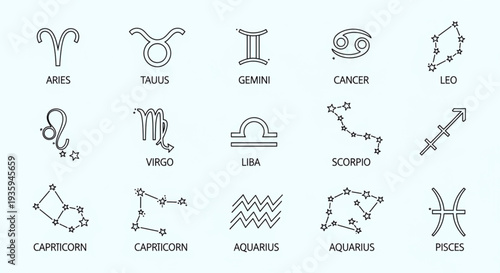 Collection of Zodiac Constellation Symbols and Astrology Signs.