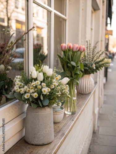 Minimalist spring flower display with white tulips daisies and pink tulips in ceramic vases on a wooden windowsill of a cozy boutique in soft golden hour light