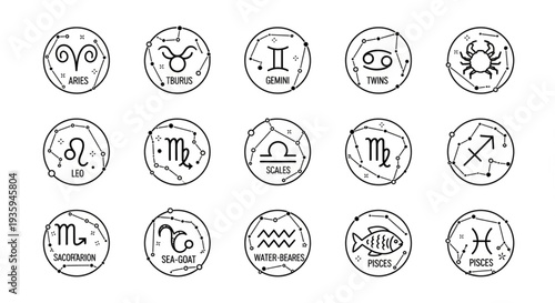 Collection of Zodiac Constellation Symbols and Astrology Signs.