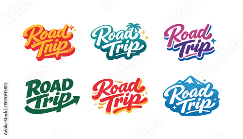 Seasonal holiday banner with promotional slogan presenting modern lettering logo set for Road Trip, inspirational