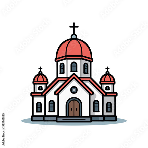 Ornate white and red domed Orthodox Christian church building with detailed architectural.