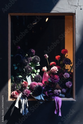 Luxury dark floral arrangement in wooden window frame with dramatic sunlight and shadows featuring purple dahlias and roses in elegant minimalist boutique storefront display