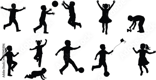 Collection of children silhouettes playing, running, jumping, ball games, kite flying, happy kids activity vector set isolated bundle