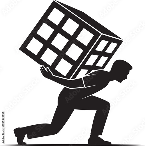 Illustration of strong man carrying heavy office building on his back as metaphor for work