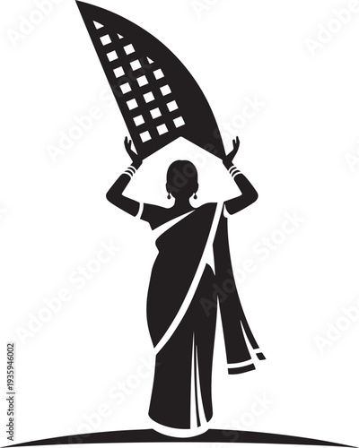 Indian woman silhouette in sari holding a winnowing fan illustration with a transparent background