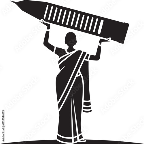 Indian woman silhouette wearing a saree holding large pencil with both hands above head