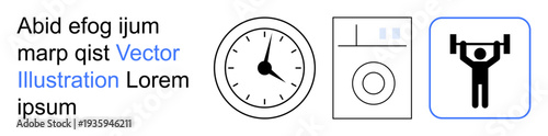 Time management, household chores, fitness, daily routine, healthy lifestyle, scheduling activities. Clock, washing machine weightlifting icon. Time management and household chore concepts
