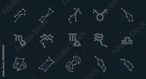 Collection of Zodiac Constellation Symbols and Astrology Signs.