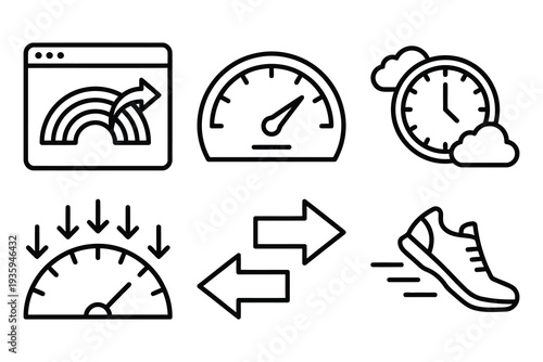 Simple icons representing speed, motion, and progress, including a running shoe, speedometer and web browser.
