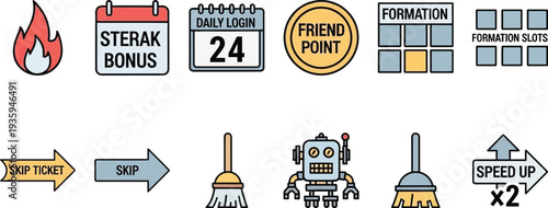 Mobile Game UI Bonus Action Icons Set Daily Login Streak Speed Up Formation