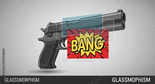Handgun with comic book style bang explosion on transparent background